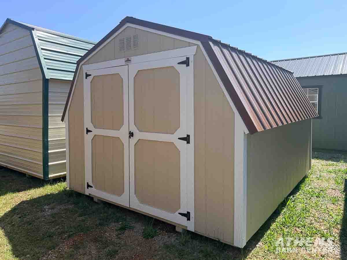 10x12 Barn — Beige walls · Barn White trim · Brown roof