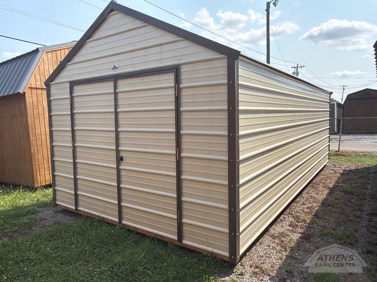 10x20 Metal Shed, light stone walls · burnished slate trim · light stone roof, in stock in Athens