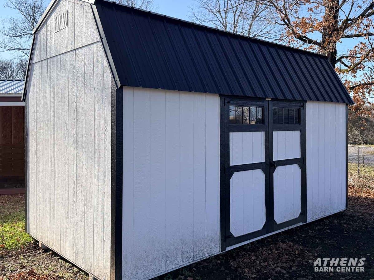 8x16 Painted Side Lofted Barn — Barn White walls · Black trim · Black roof