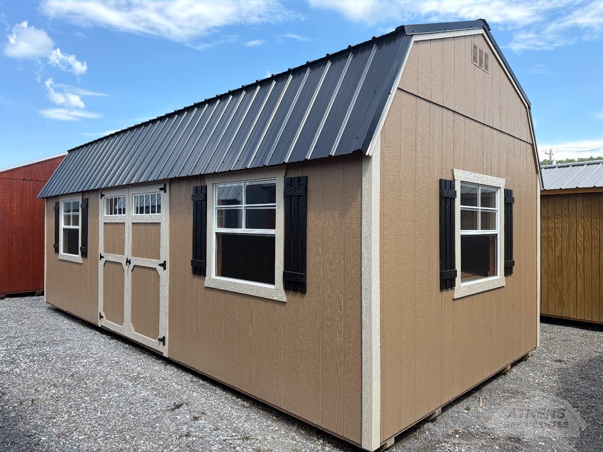 12x24 Painted Side Lofted Barn — Buckskin walls · Beige trim · Black roof