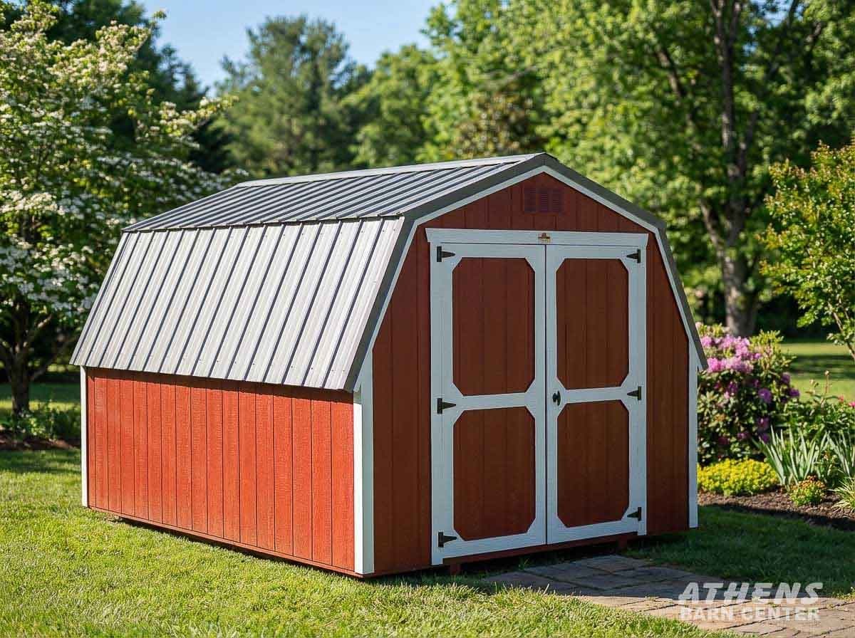 10x12 Painted Barn — Rustic Red walls · Barn White trim · Charcoal roof