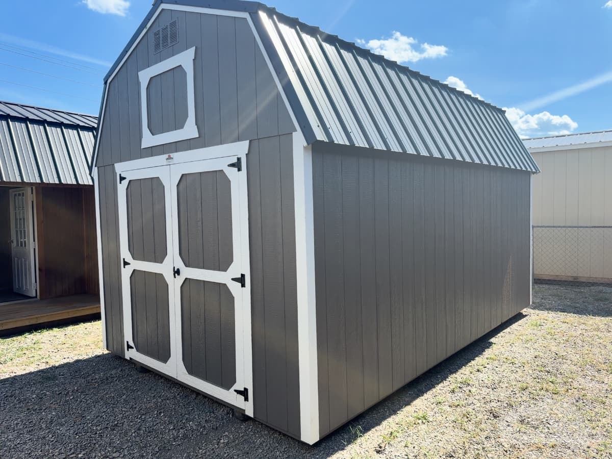 10x16 Lofted Barn, gauntlet gray walls · barn white trim · black roof, in stock in Athens