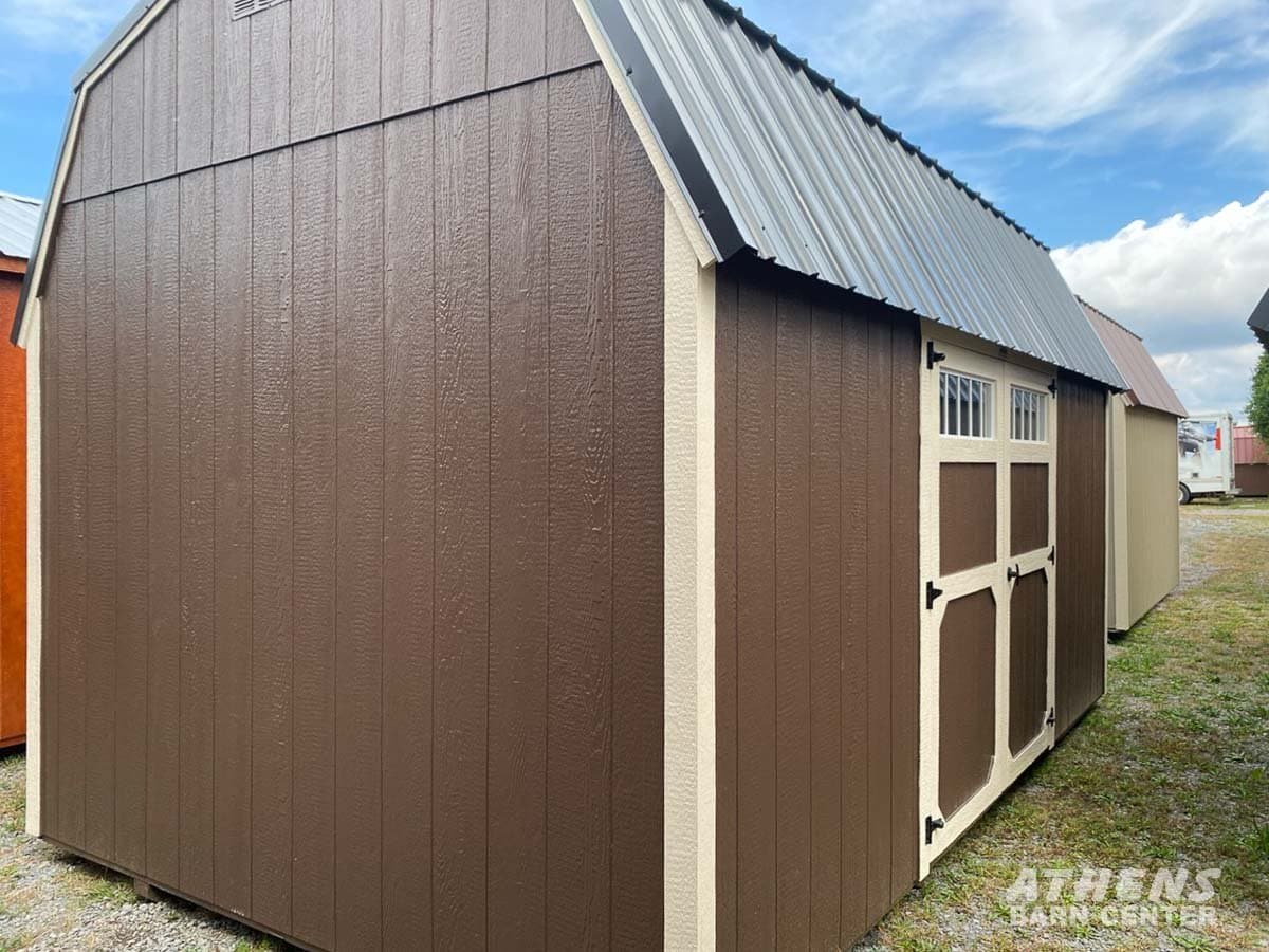 10x16 Painted Side Lofted Barn — Brown walls · Navjo trim · Black roof