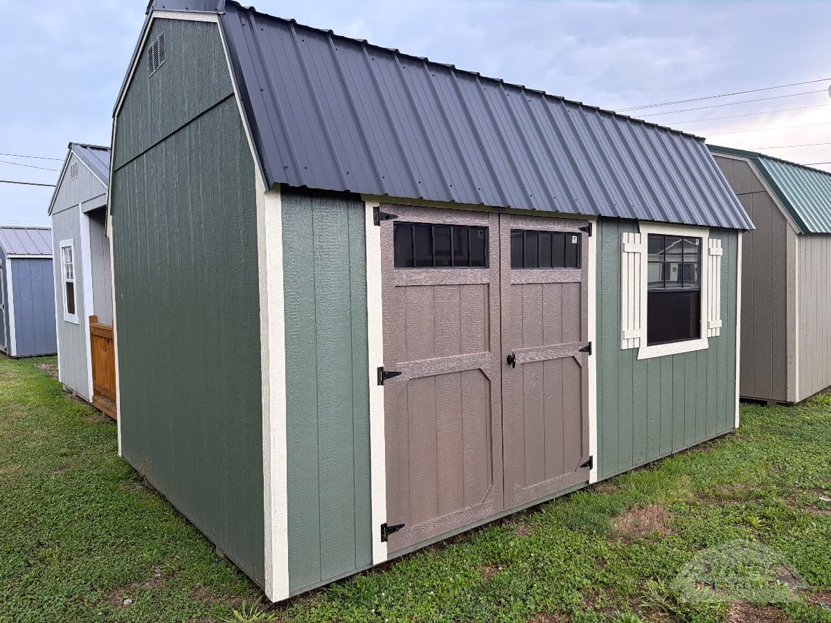 10x16 Painted Side Lofted Barn — Rosemary walls · Beige trim · Black roof