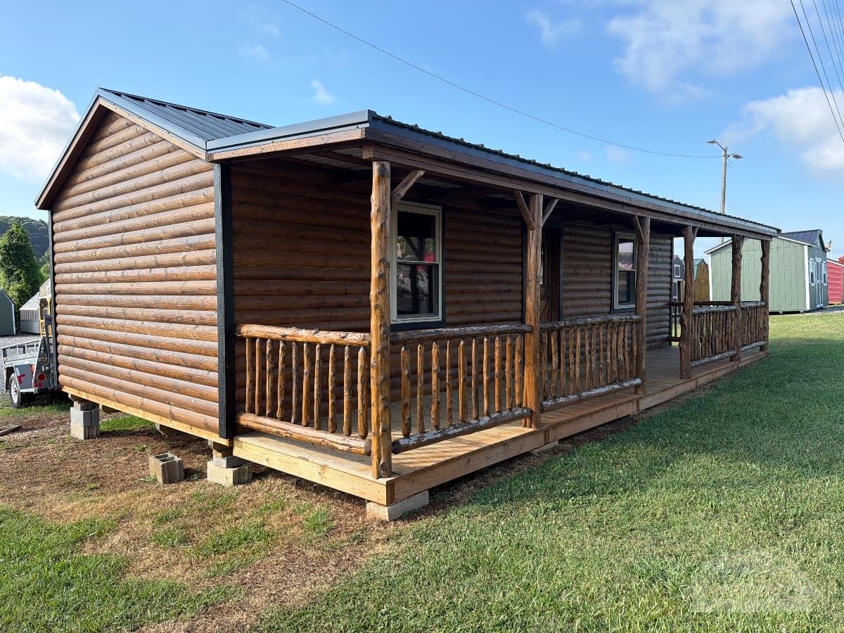 14x32 Double H Barns — Log walls · Black trim · Black roof