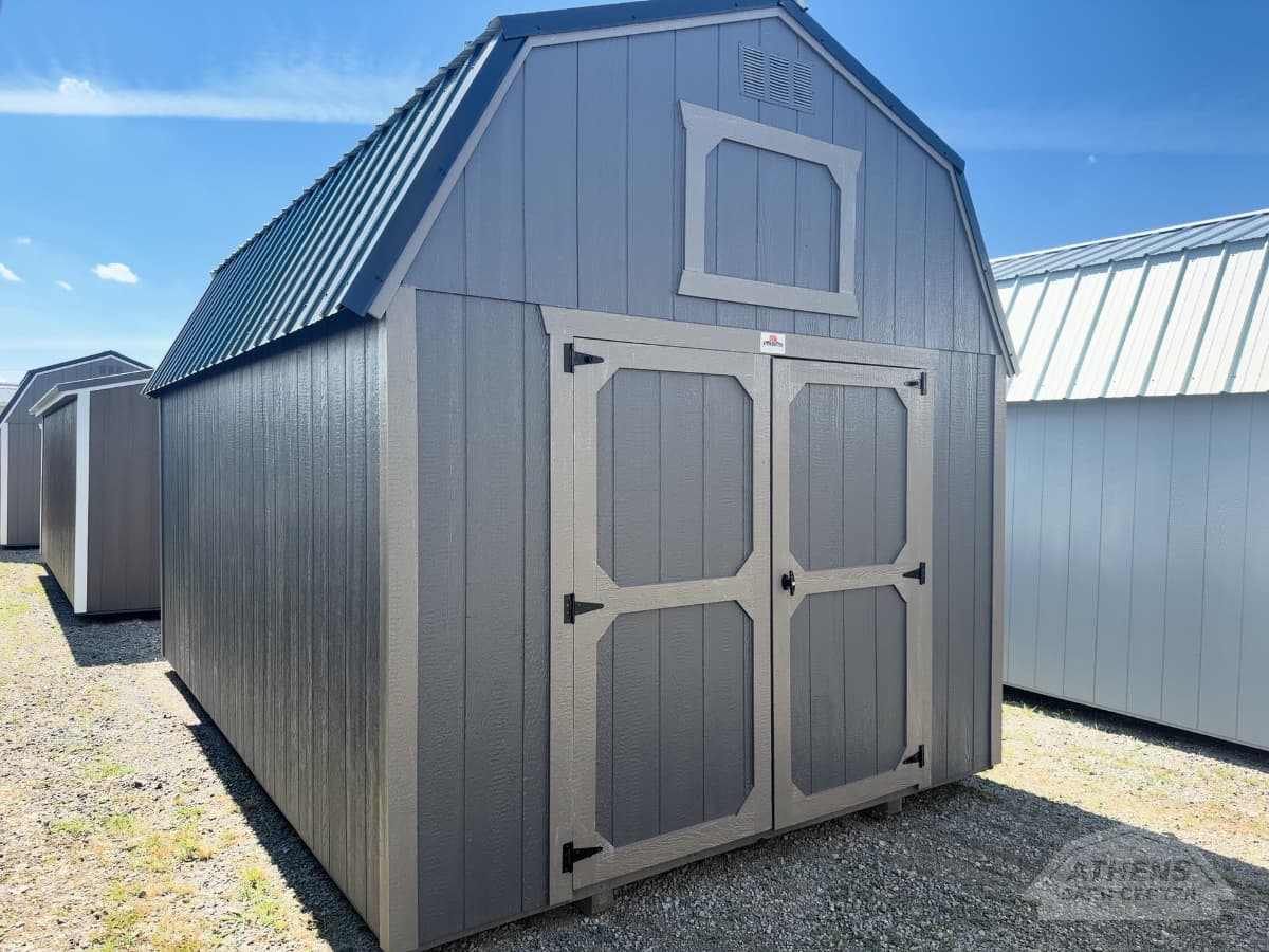 10x16 Lofted Barn, gauntlet gray walls · hardware trim · black roof, in stock in Athens