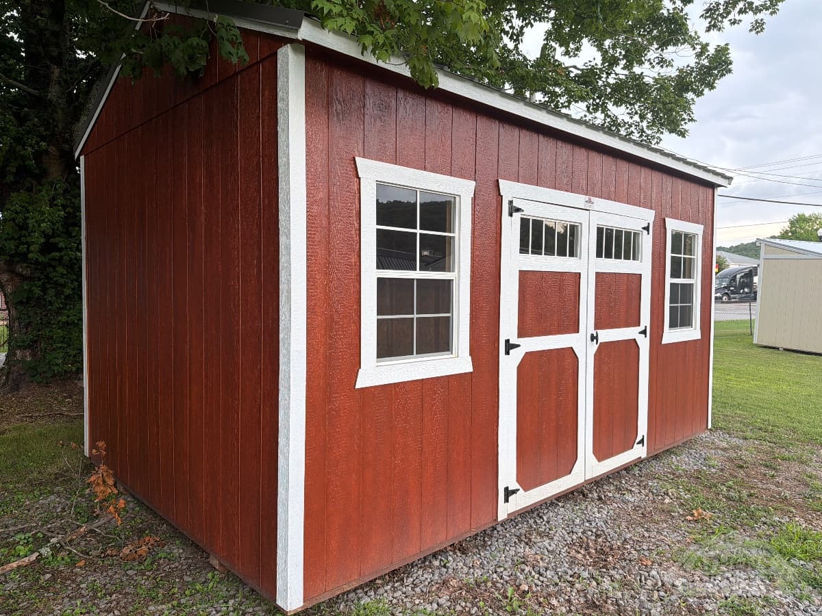 10x16 Side Utility (8 FT Walls), w. mahogany walls · barn white trim · charcoal roof, in stock in Decatur