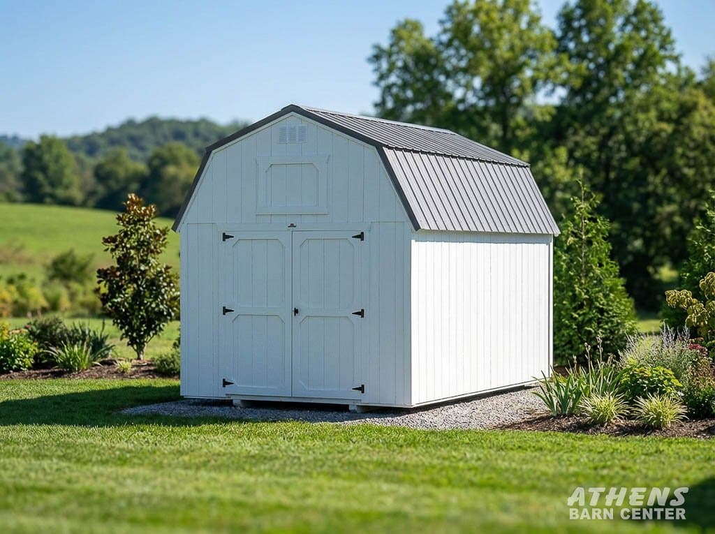 10x16 Painted Lofted Barn — Barn White walls · Barn White trim · Black roof