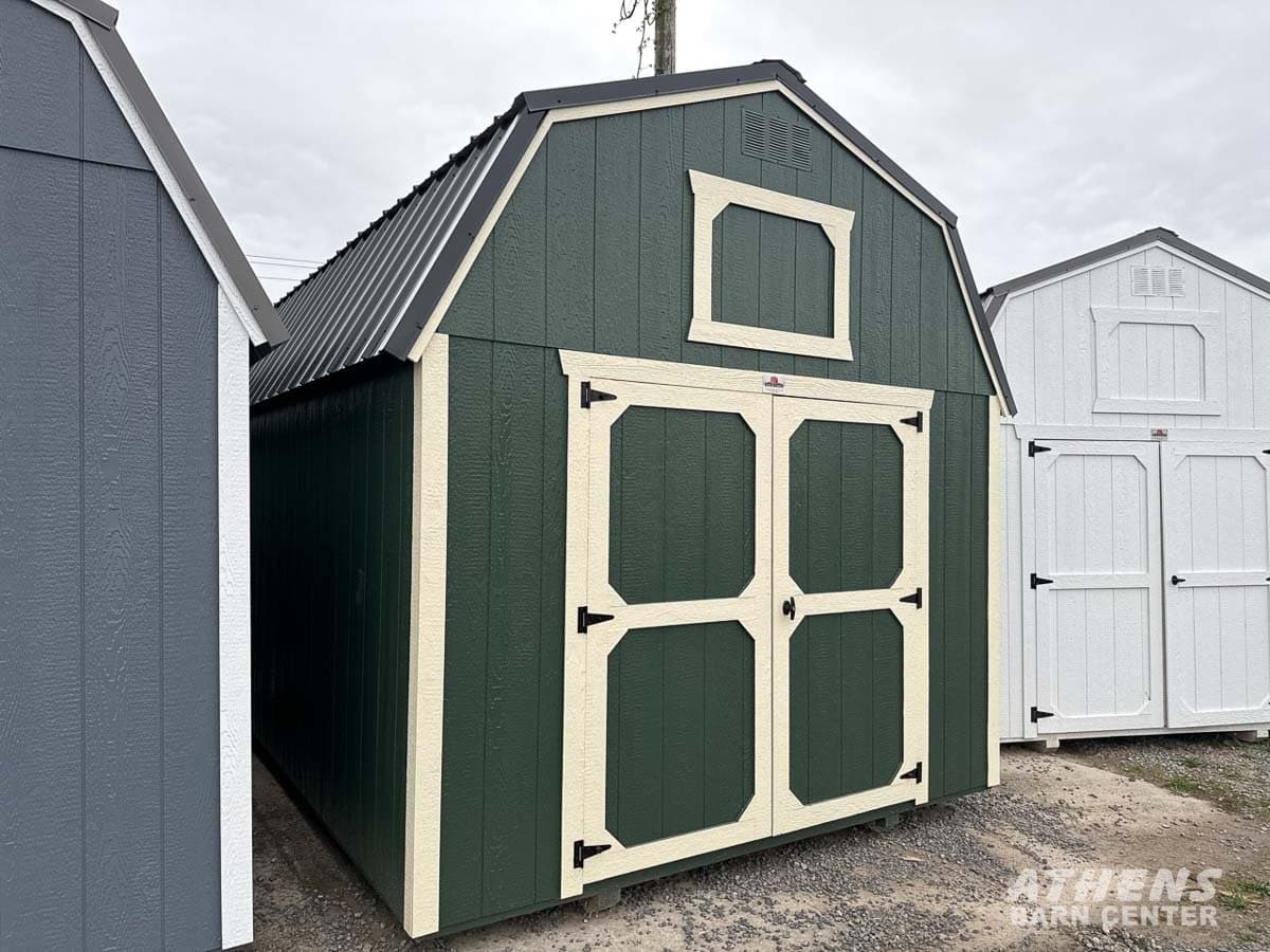 10x16 Painted Lofted Barn — Everegreen walls · Navjo trim · Black roof