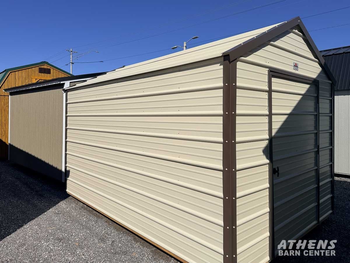 8x12 Metal Shed — Light Stone walls · Burnished Slate trim · Light Stone roof
