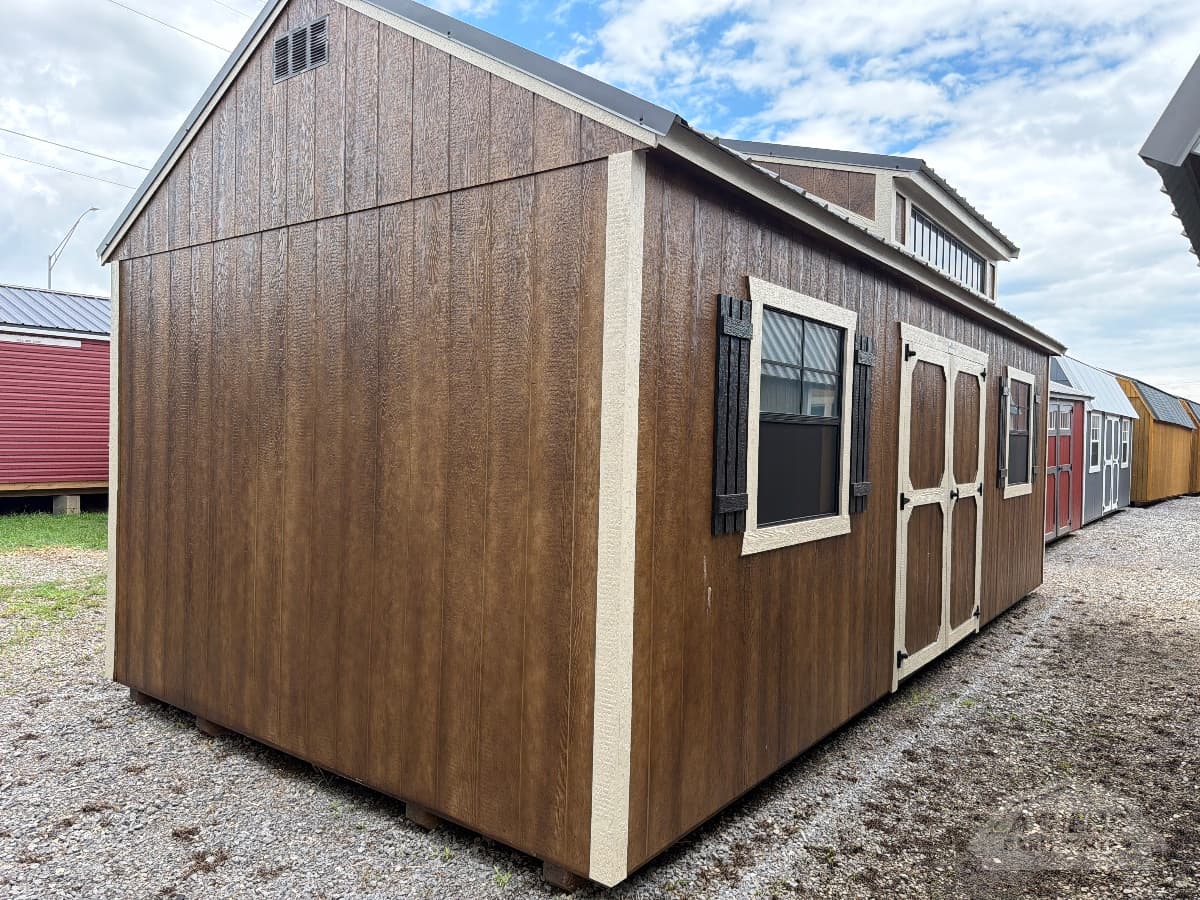 12x24 Barn — W. Chestnut walls · Beige trim · Black roof