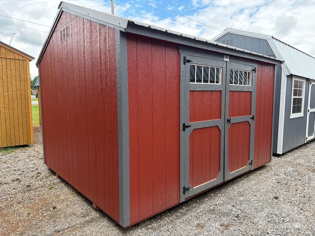 10x12 Side Utility — Rustic Red walls · Steely Gray trim · Charcoal roof