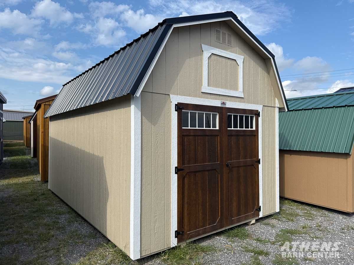 10x16 Painted Lofted Barn — Beige walls · Barn White trim · Black roof