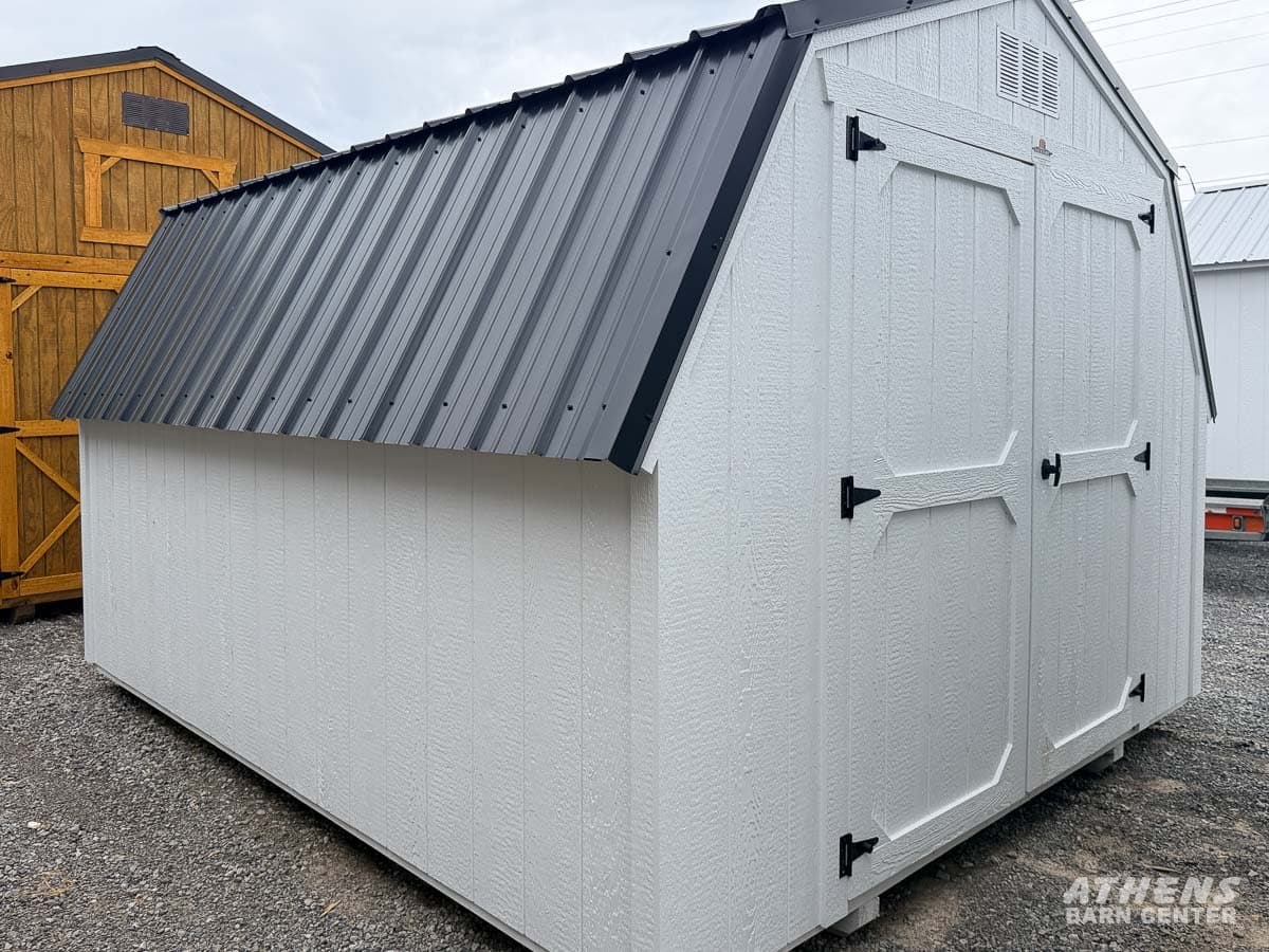 10x12 Barn — Barn White walls · Barn White trim · Galvalume / Silver roof