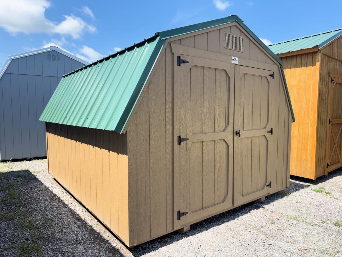 10x12 Barn, buckskin walls · buckskin trim · hunter green roof, in stock in Athens