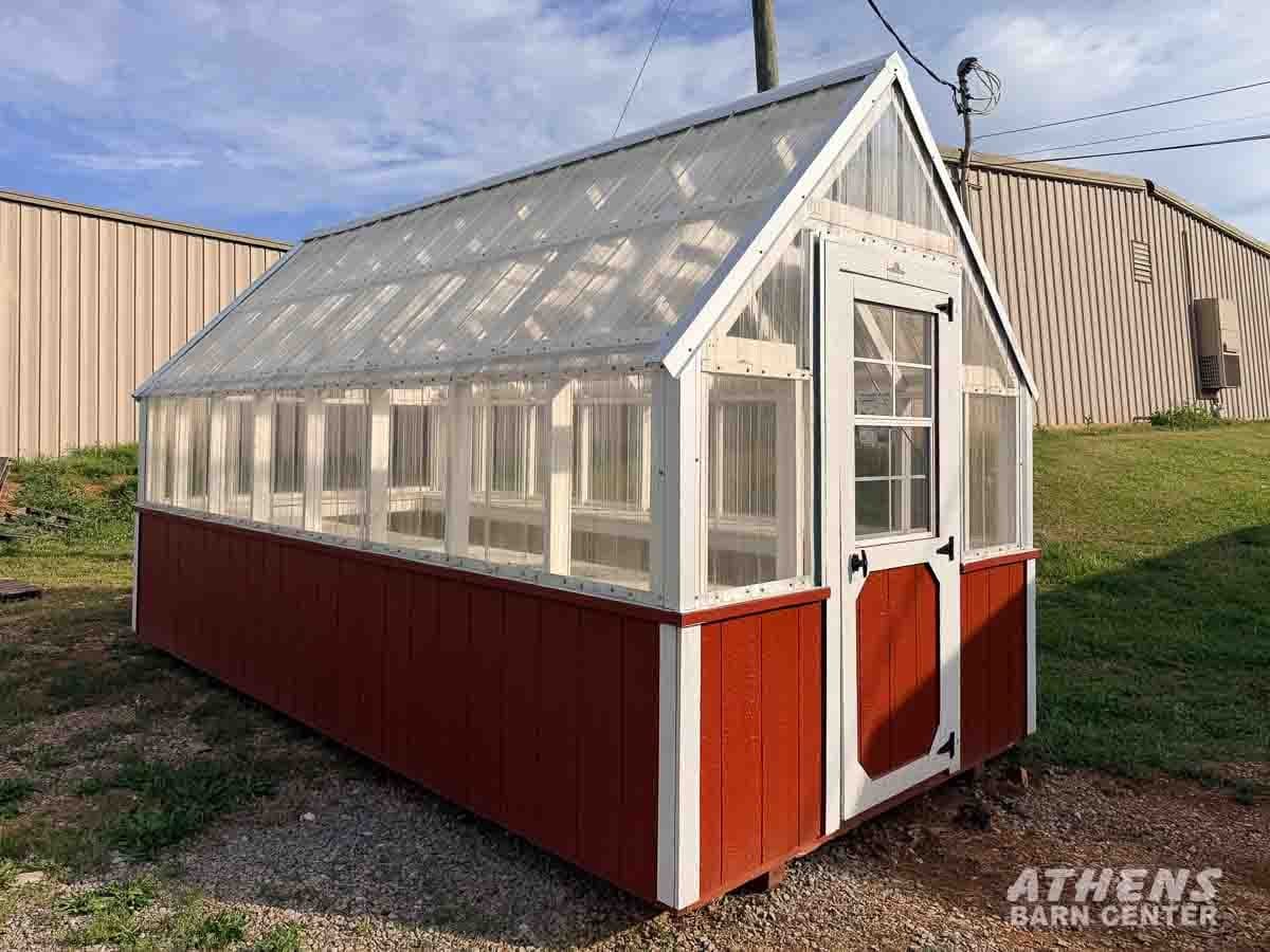8x16 Greenhouse — Rustic Red walls · Barn White trim · Clear roof