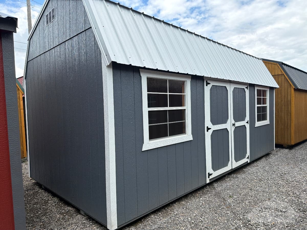 10x20 Side Lofted Barn — Steely Gray walls · Barn White trim · Galvalume / Silver roof
