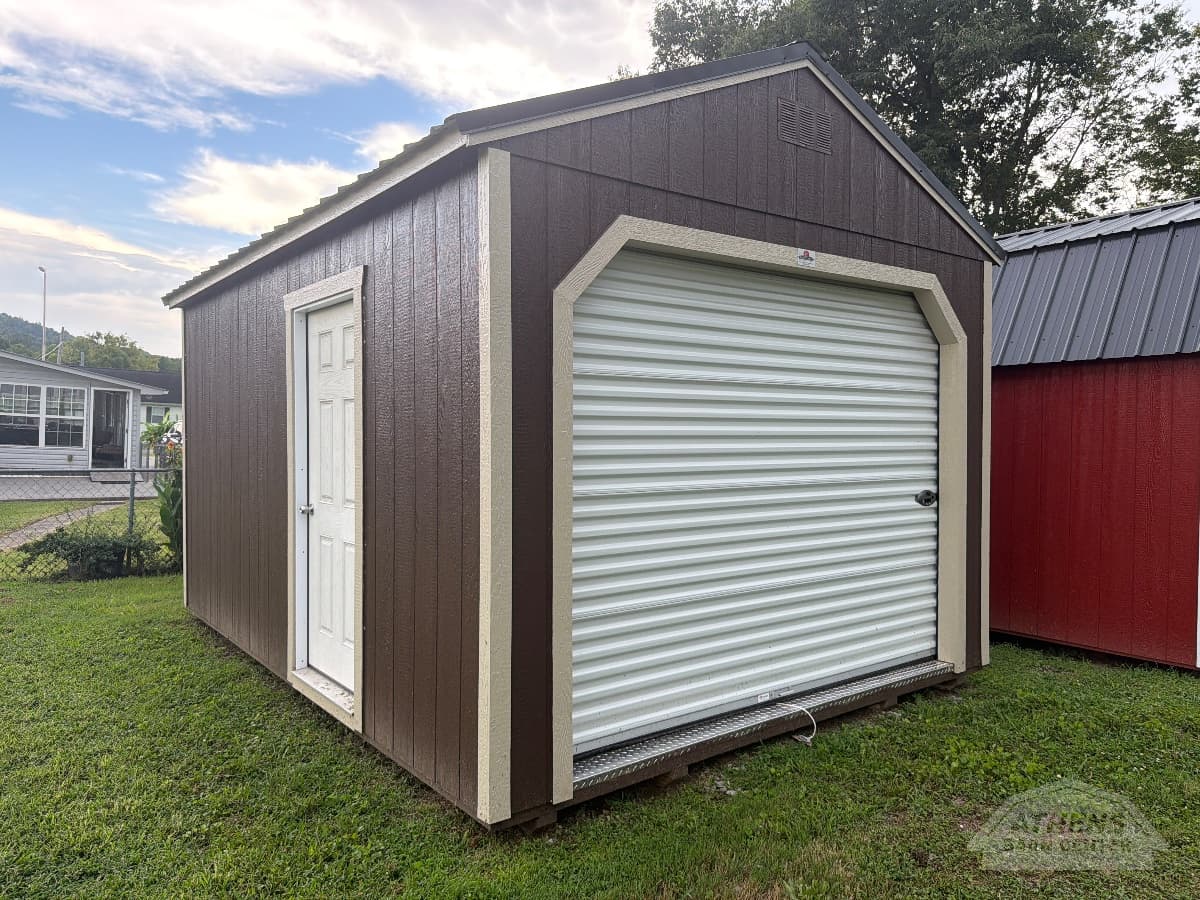 12x16 Garage — Brown walls · Beige trim · Black roof