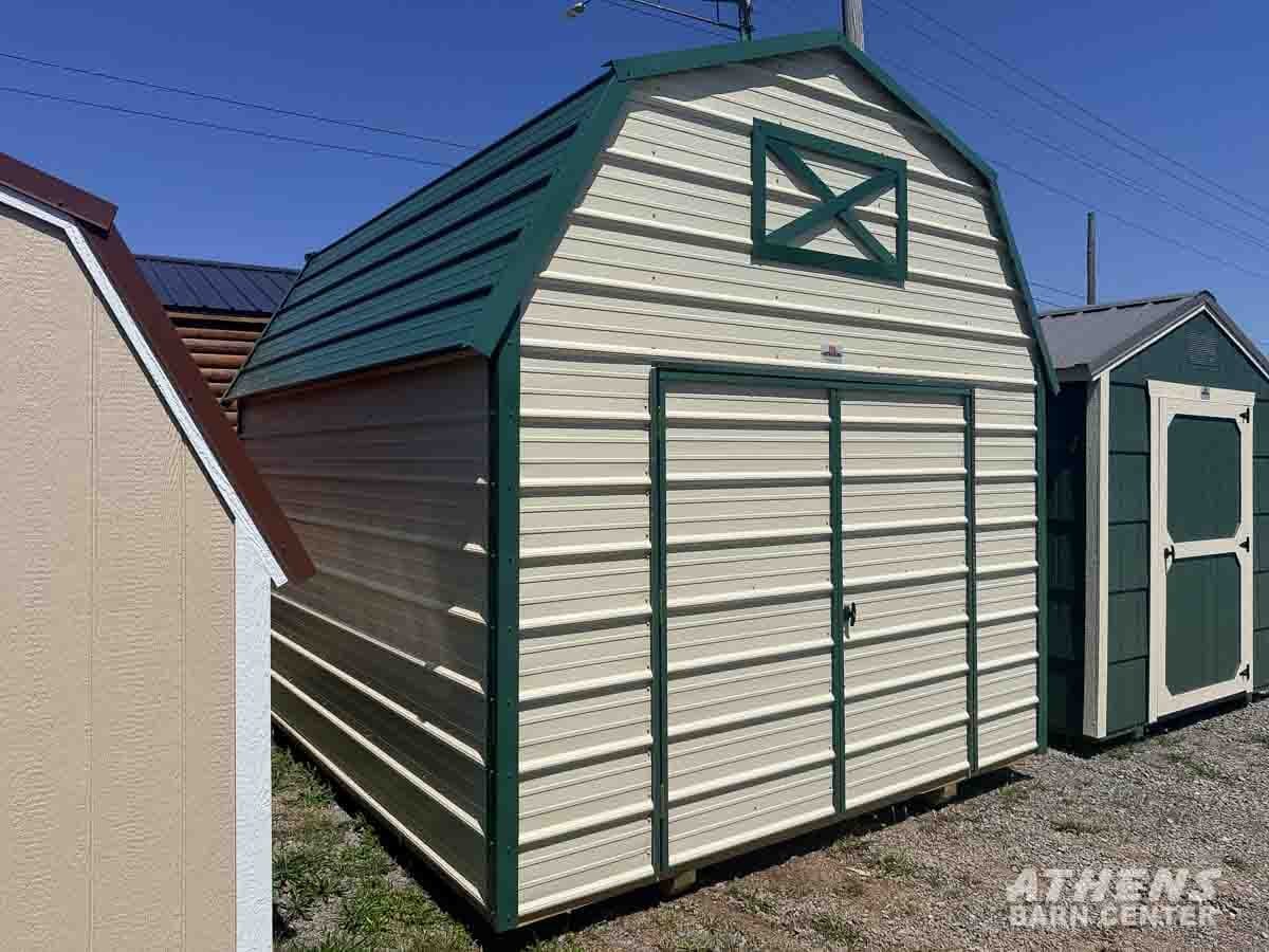 10x12 Metal Lofted — Light Stone walls · Hunter Green trim · Hunter Green roof