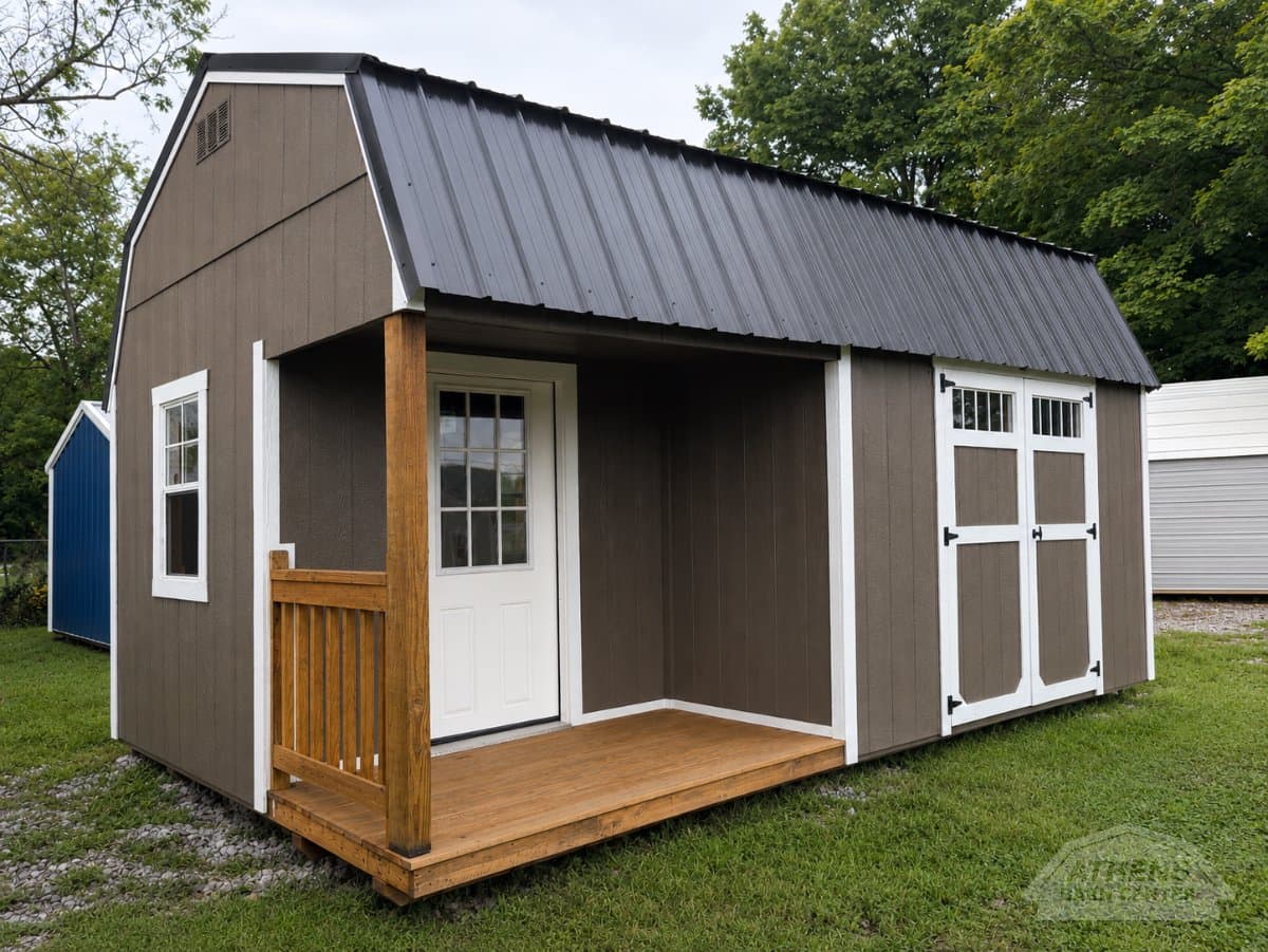 12x20 Side Lofted Playhouse, w. driftwood walls · barn white trim · black roof, in stock in Decatur