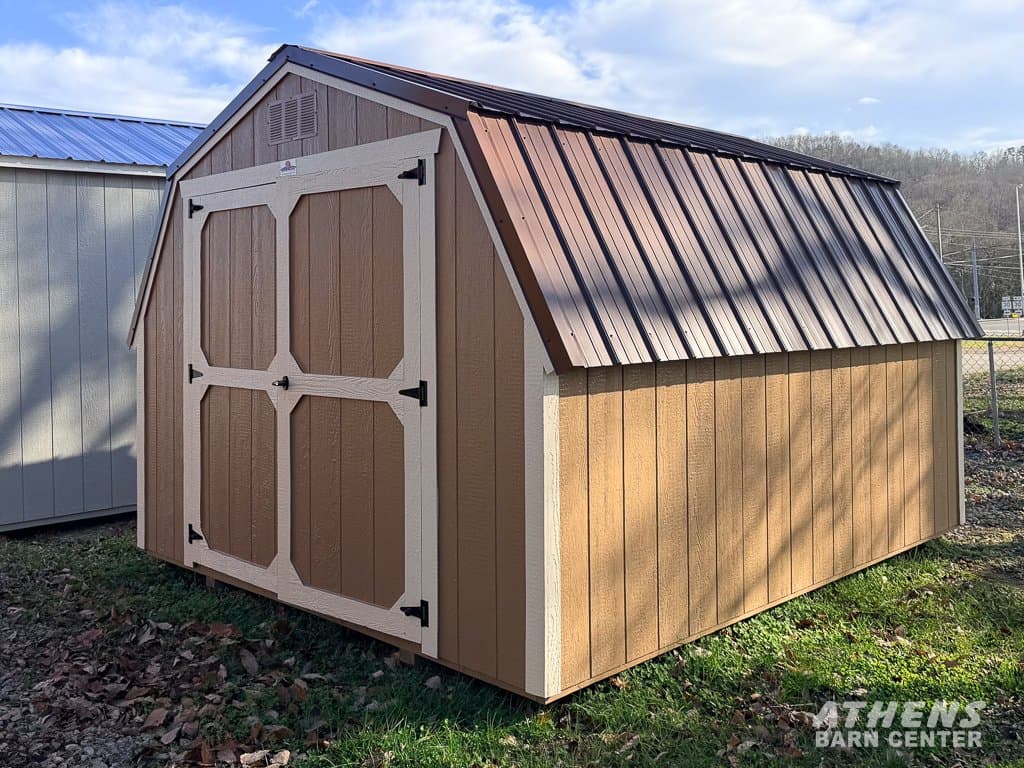10x12 Painted Barn — Buckskin walls · Navjo trim · Brown roof