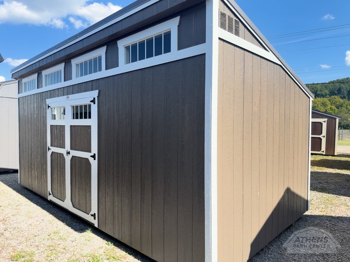 10x20 Single Slope, w. driftwood walls · barn white trim · black roof, in stock in Athens