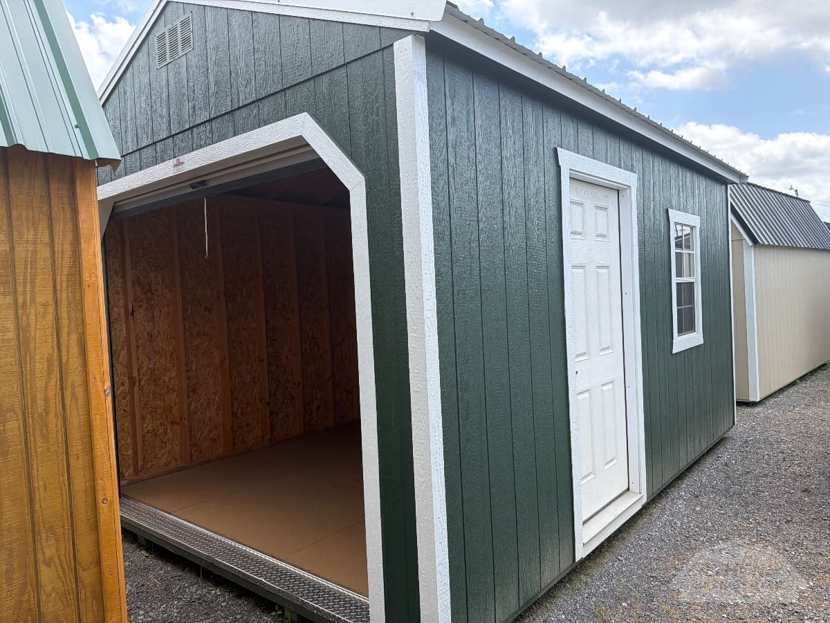 12x16 Garage, green walls · barn white trim · galvalume / silver roof, in stock in Athens