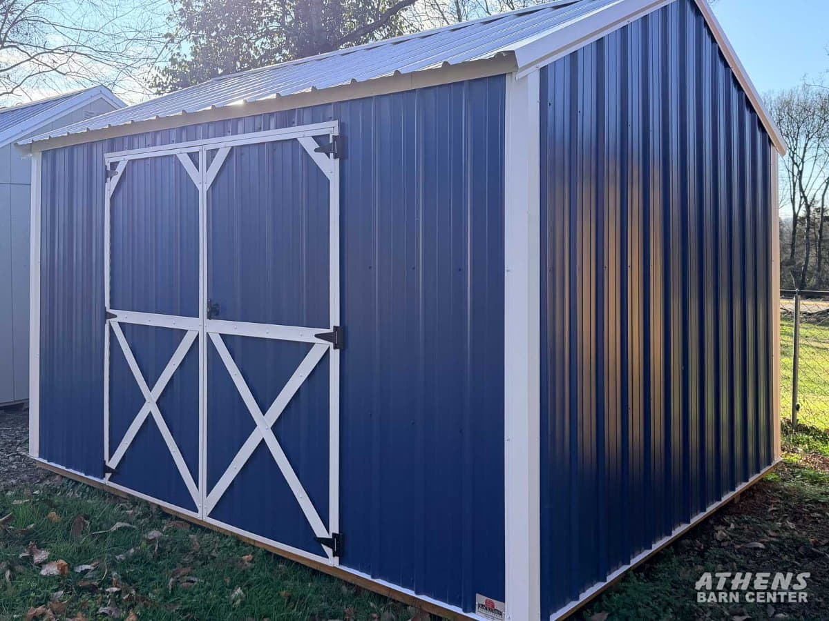 10x12 Vertical Metal Side Utility — Gallery Blue walls · White Metal trim · Gallery Blue roof
