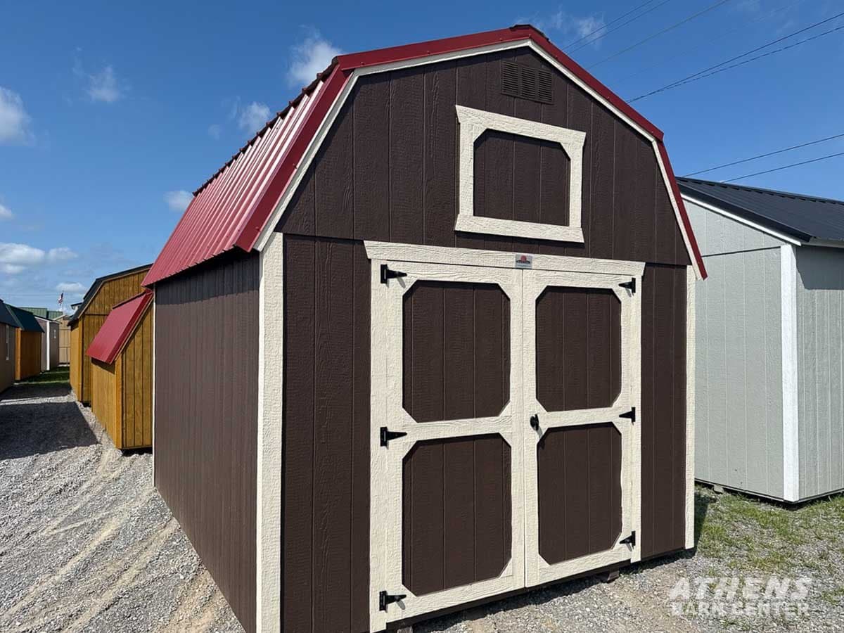 10x12 Painted Lofted Barn — Brown walls · Navjo trim · Rustic Red roof