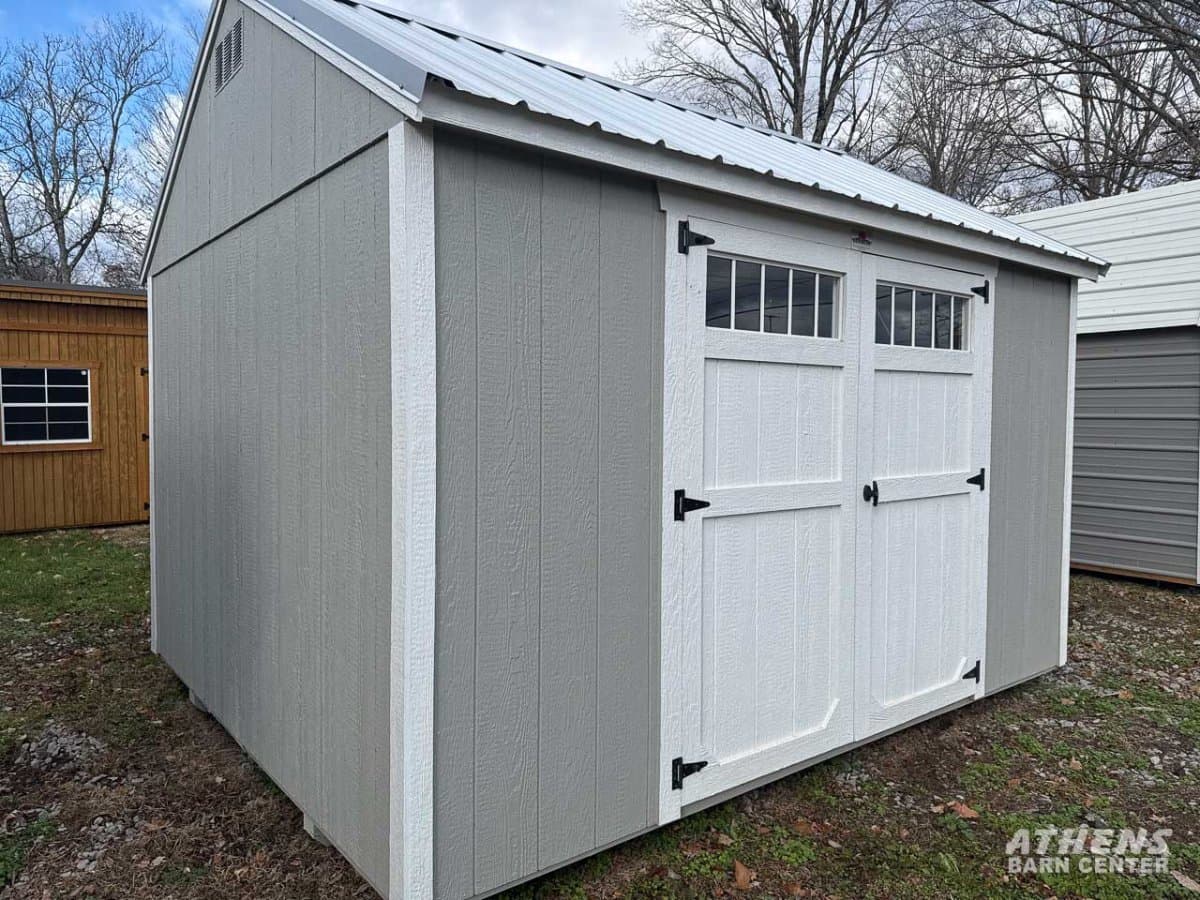 10x12 Painted Side Utility — Gap Gray walls · Barn White trim · Galvalume / Silver roof