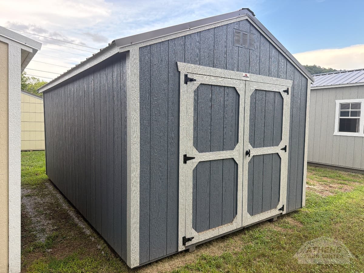 10x16 Painted Utility - 6'3" Walls — Gibraltar walls · Gap Gray trim · Charcoal roof