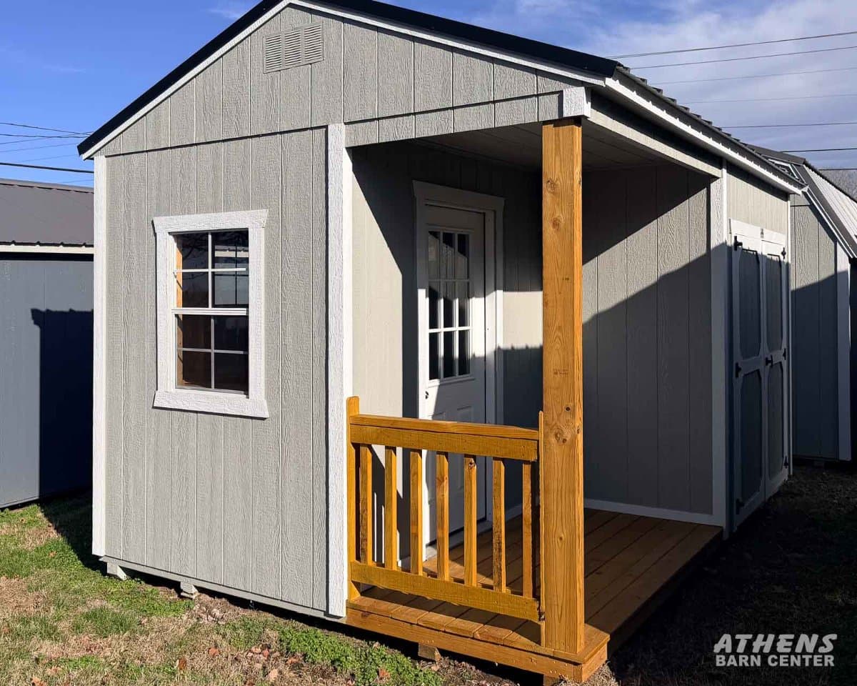 10x16 Painted Side Cabin — Gap Gray walls · Barn White trim · Black roof