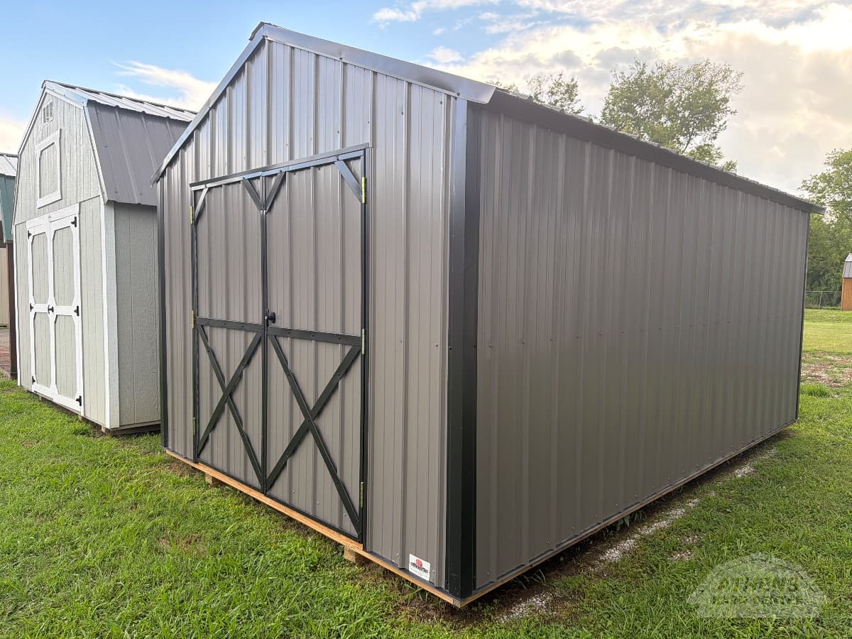 10x16 Vertical Metal Utility — Charcoal Metal walls · Black Metal trim · Black roof