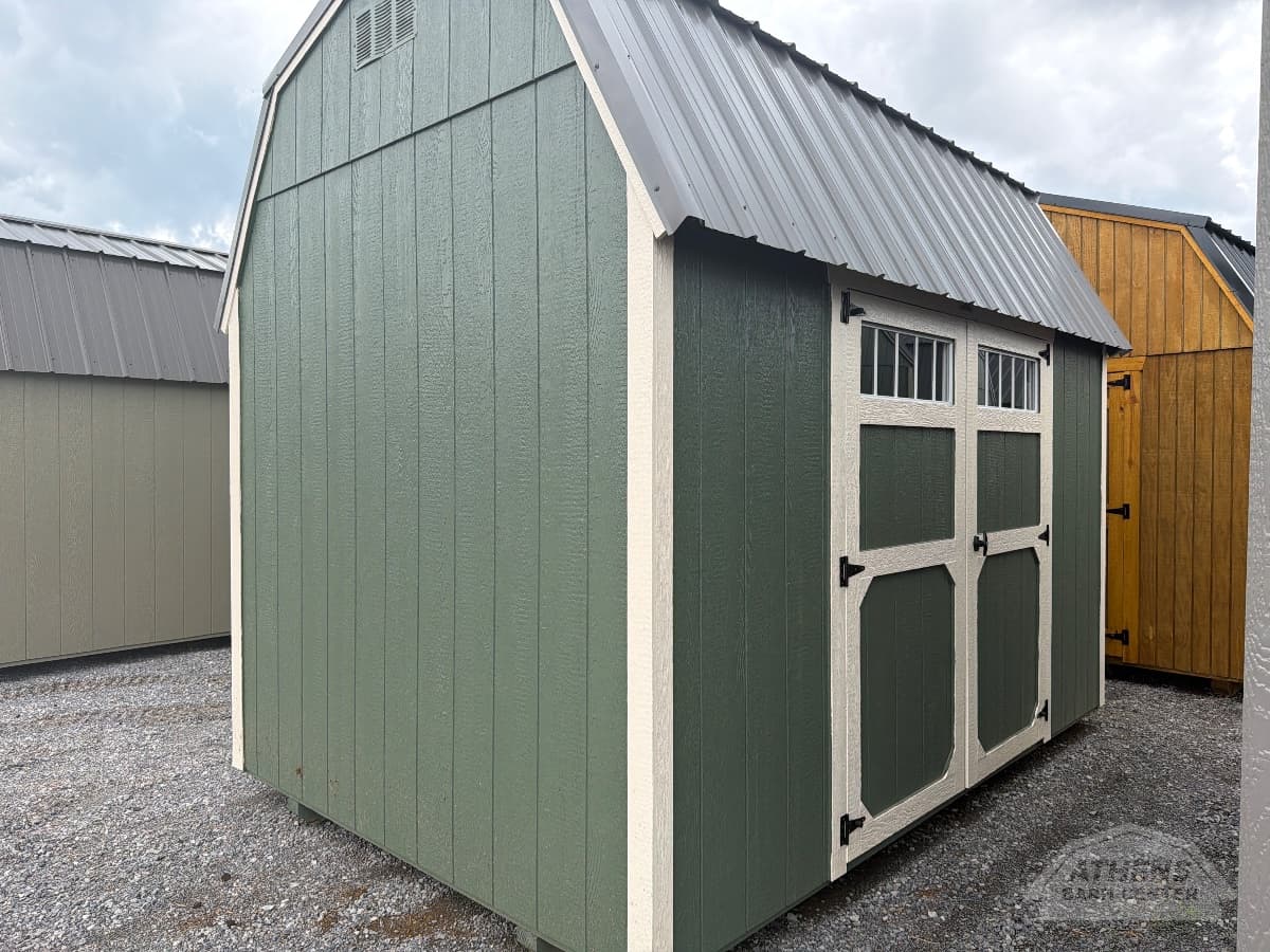 8x12 Side Lofted Barn — Rosemary walls · Eaglet Beige trim · Charcoal roof