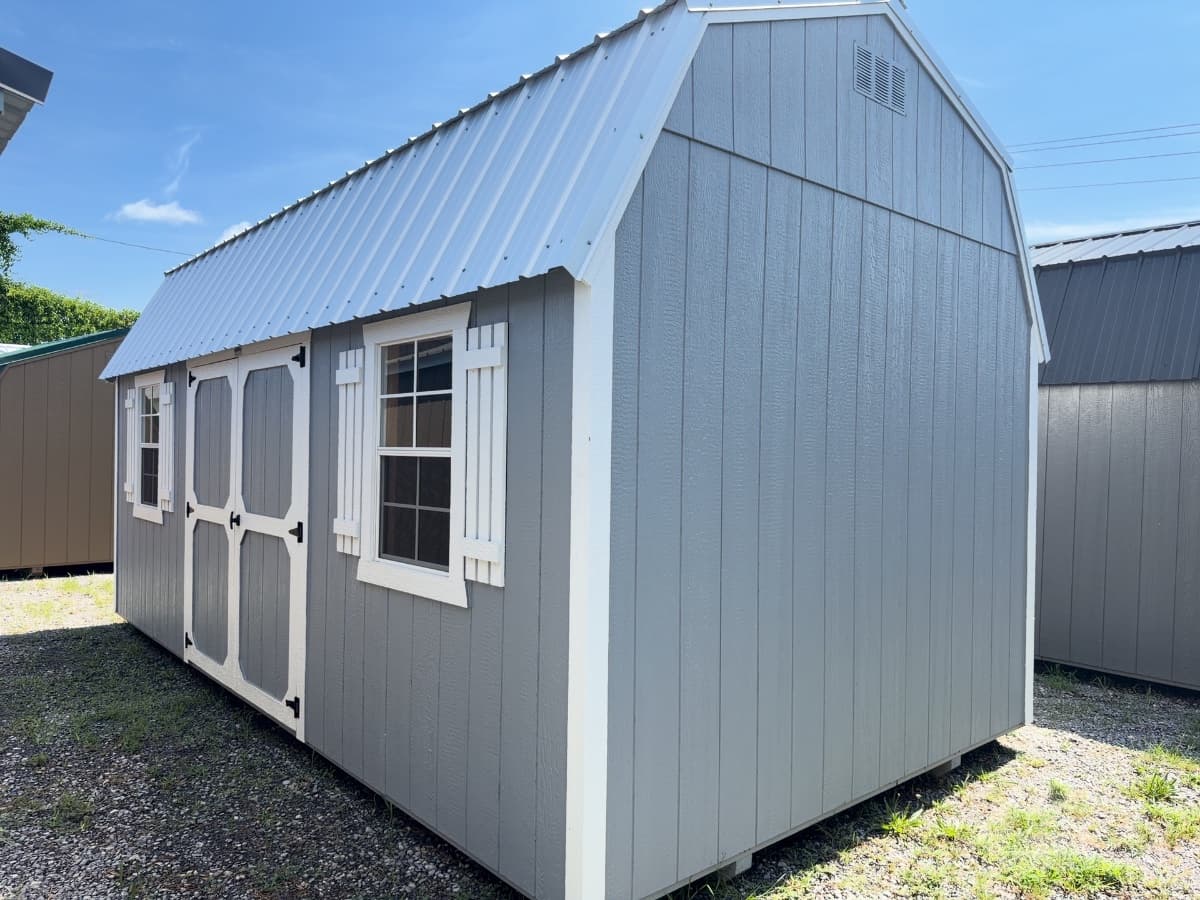 10x20 Side Lofted Barn, pewter cast walls · barn white trim · galvalume / silver roof, in stock in Athens