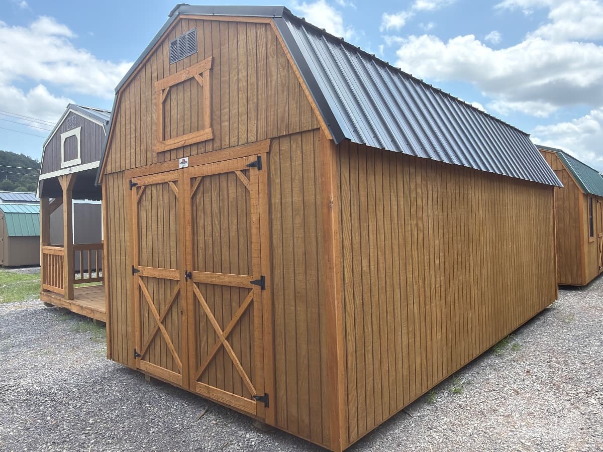 10x20 Lofted Barn, honey gold walls · honey gold trim · black roof, in stock in Athens