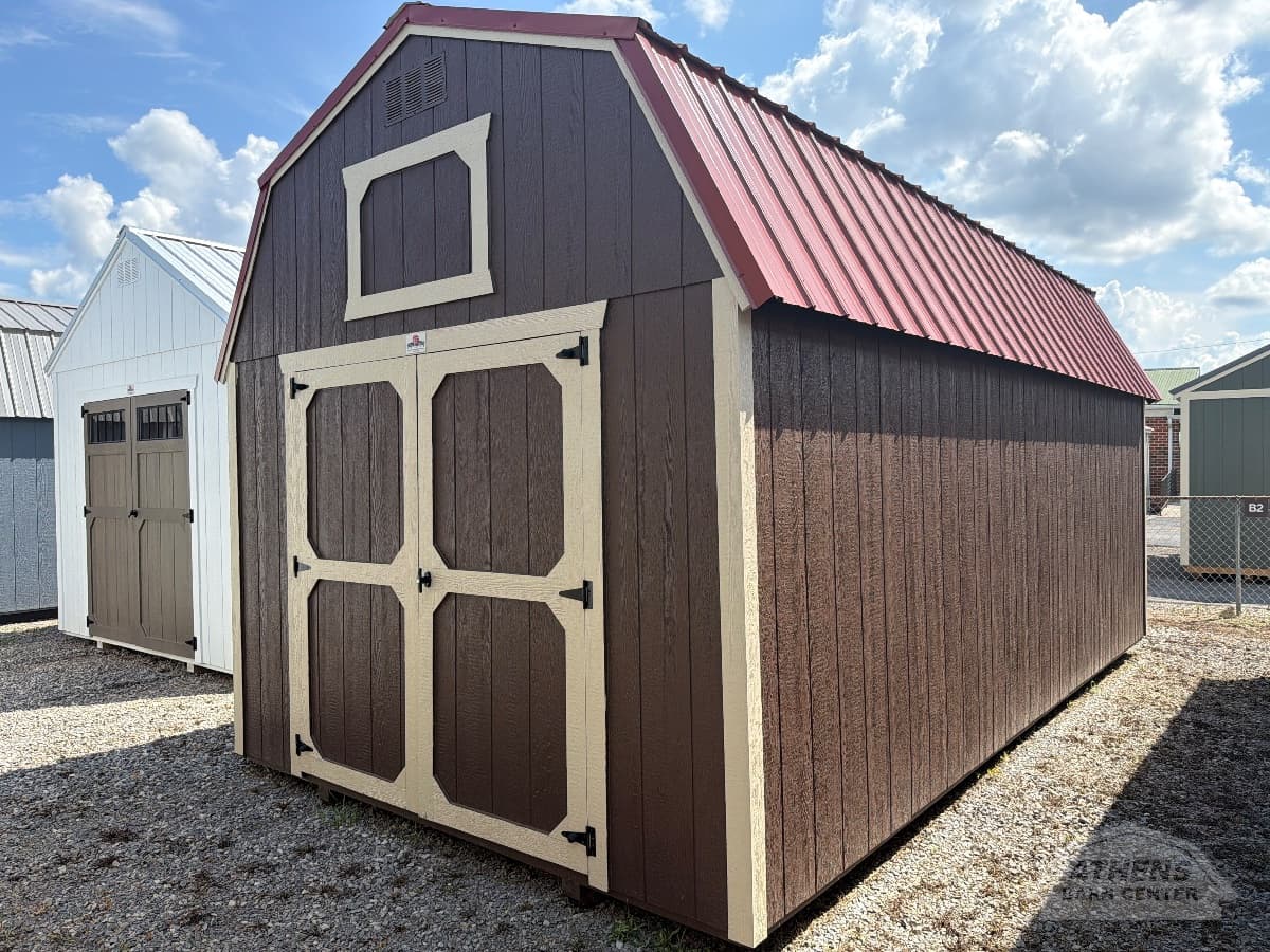 10x20 Painted Lofted Barn — Brown walls · Beige trim · Rustic Red roof