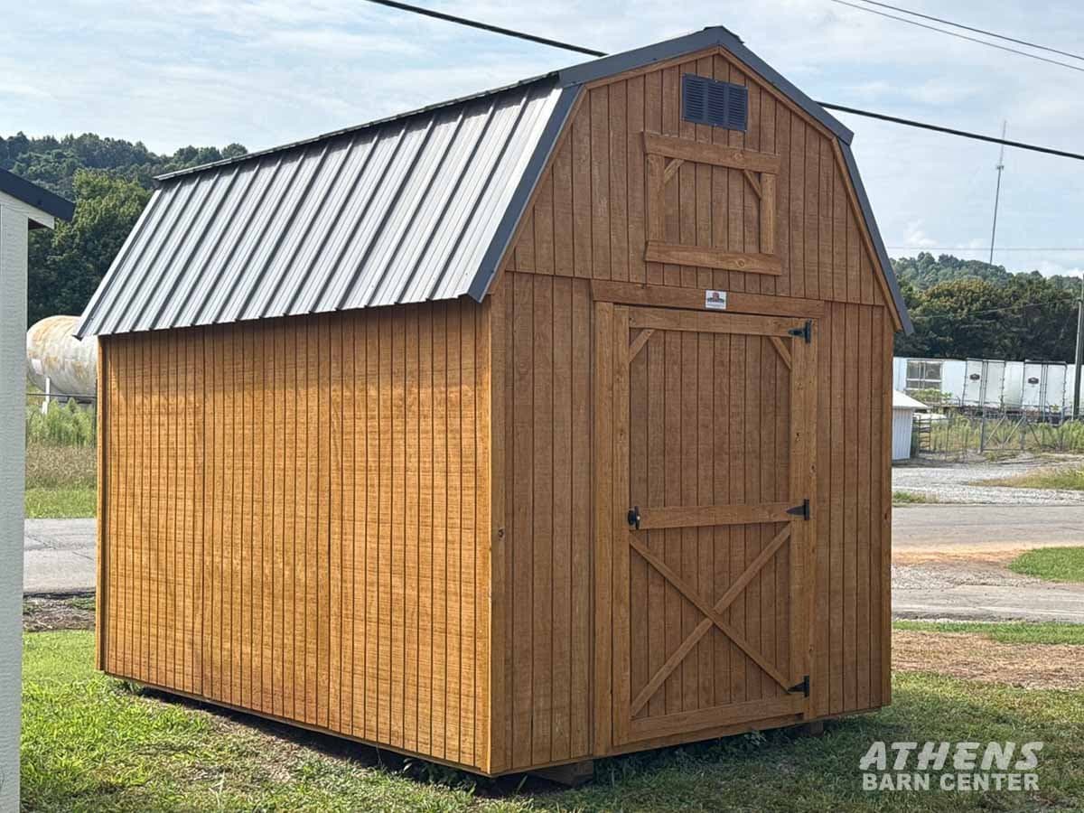 8x12 Lofted Barn — Honey Gold walls · Honey Gold trim · Charcoal roof