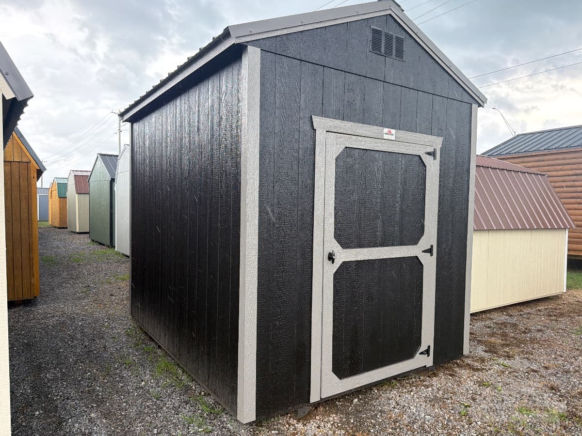 8x10 Utility (8 FT Walls) — Tricorn Black walls · Gauntlet Gray trim · Charcoal roof