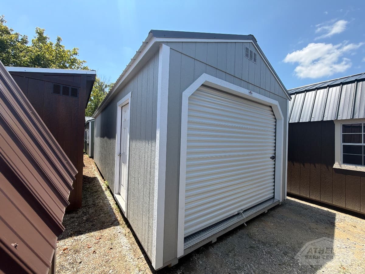 12x28 Garage, gap gray walls · barn white trim · black roof, in stock in Madisonville