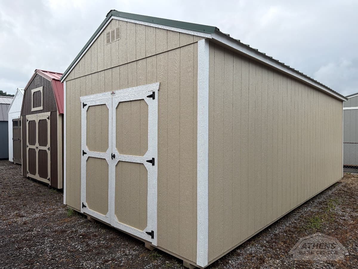 12x24 Painted Utility - 8' Walls — Beige walls · Barn White trim · Hunter Green roof