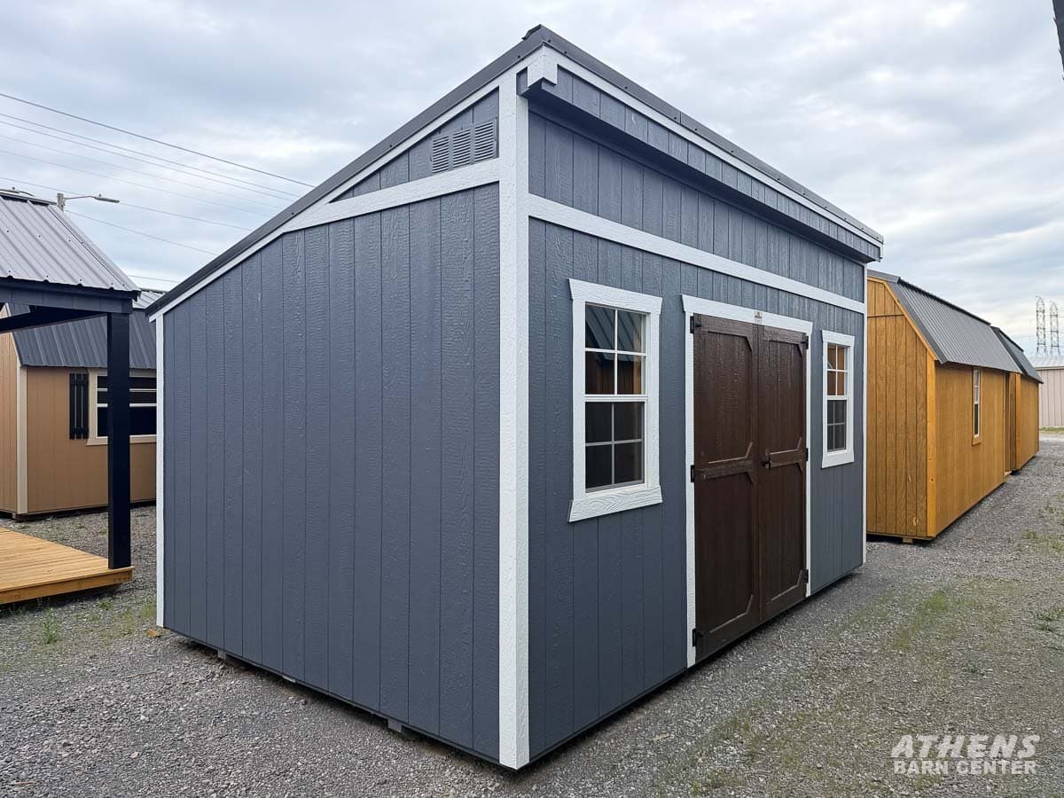 10x16 Single Slope — Gibraltar walls · Barn White trim · Black roof