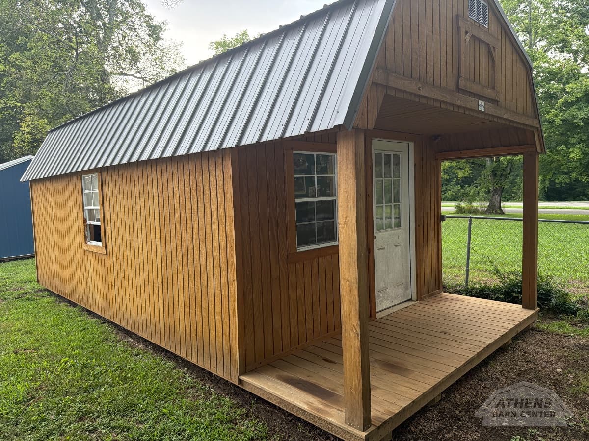 12x24 Lofted Barn Cabin, honey gold walls · honey gold trim · charcoal roof, in stock in Decatur