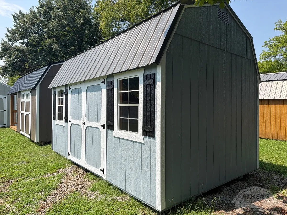 A 10x16 side lofted barn on the Athens Barn Center lot