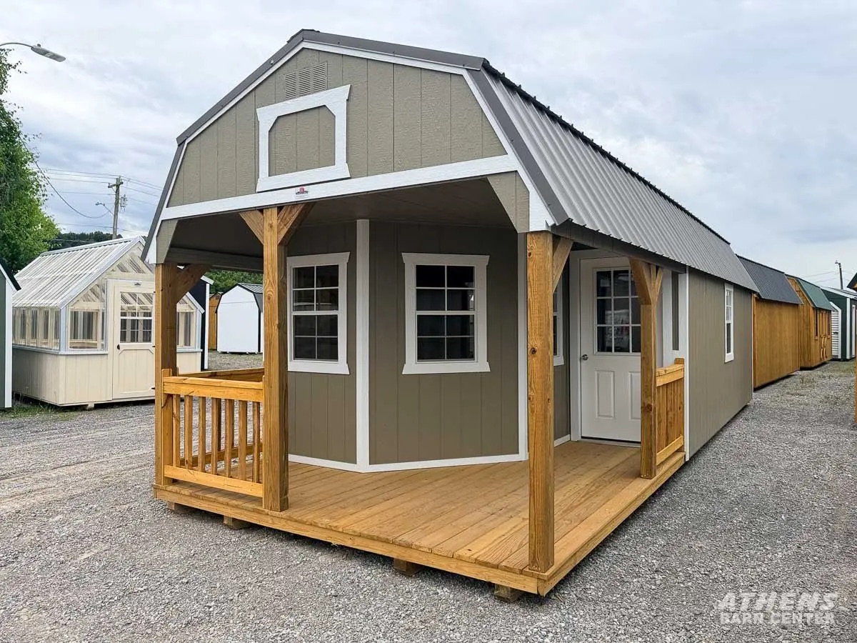 A 12x32 lofted porch cabin on the Athens Barn Center lot