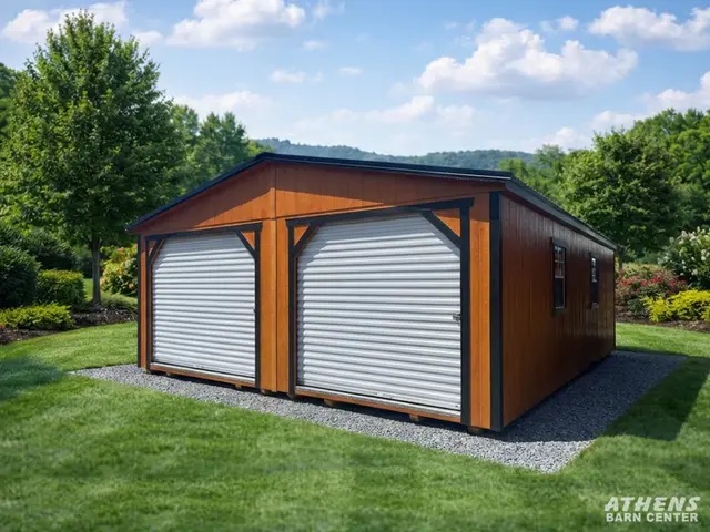 A double utility building with two roll-up garage doors