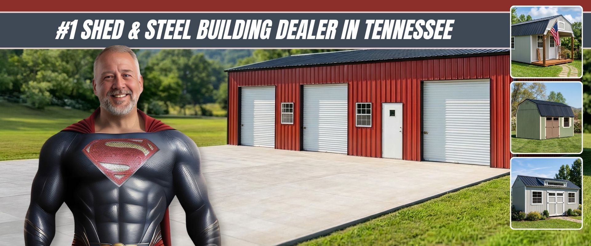 Athens Barn Center branded hero image featuring James, The Man of Steel Buildings and Sheds